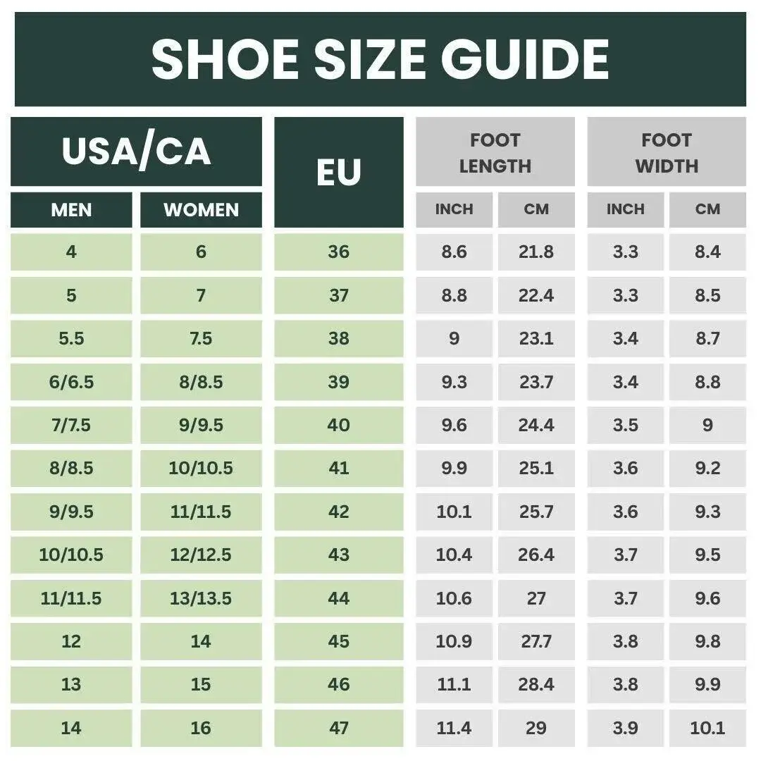 Terra Grounding Shoes Size Guide